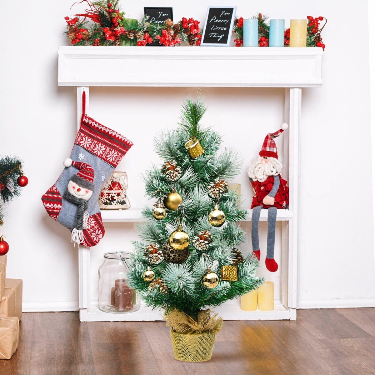 2 Feet Snow Flocked Pine Artificial Christmas Tree with Pine Cones